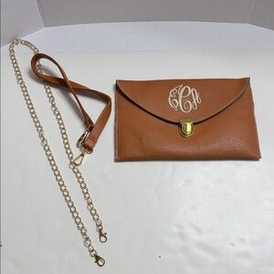 Brown Leather Clutch “ECA” embroidered with Chain and Leather Strap